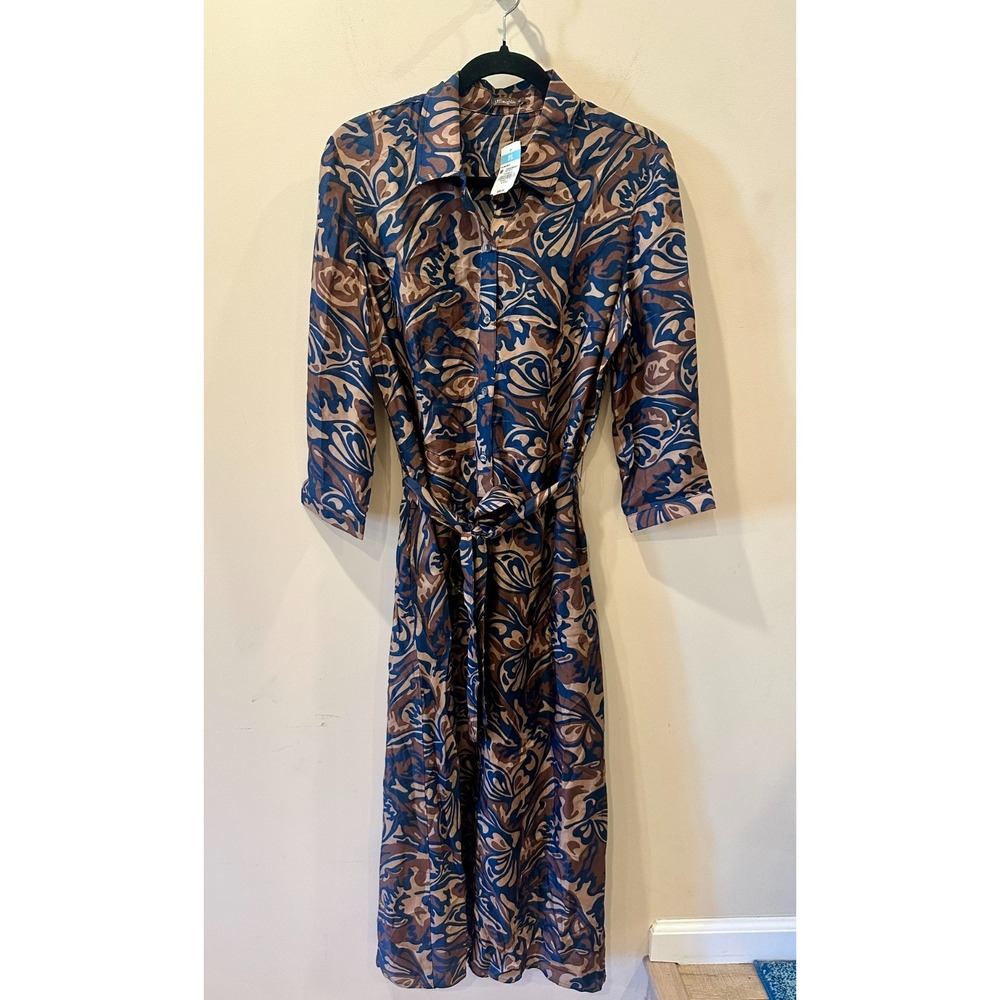 J. McLaughlin Paloma NWT Silk Belted Dress Mod Riffle Brown / Navy Sz Med $348